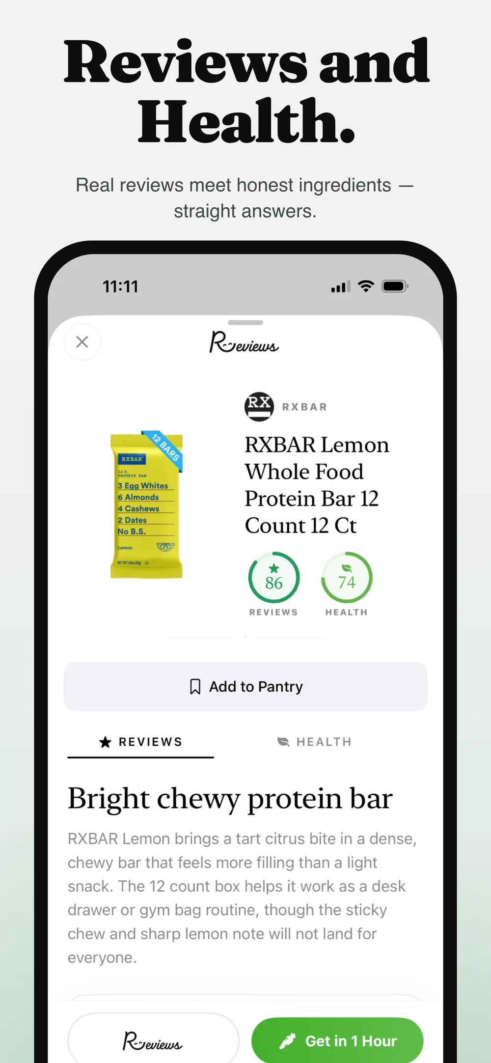 A full Reviews and Health product scorecard